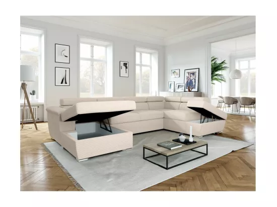 Canapé panoramique 6 places Paola convertible avec 2 coffres en velours côtelé - Beige - L320,5 x P188 x H76cm - Loungitude
