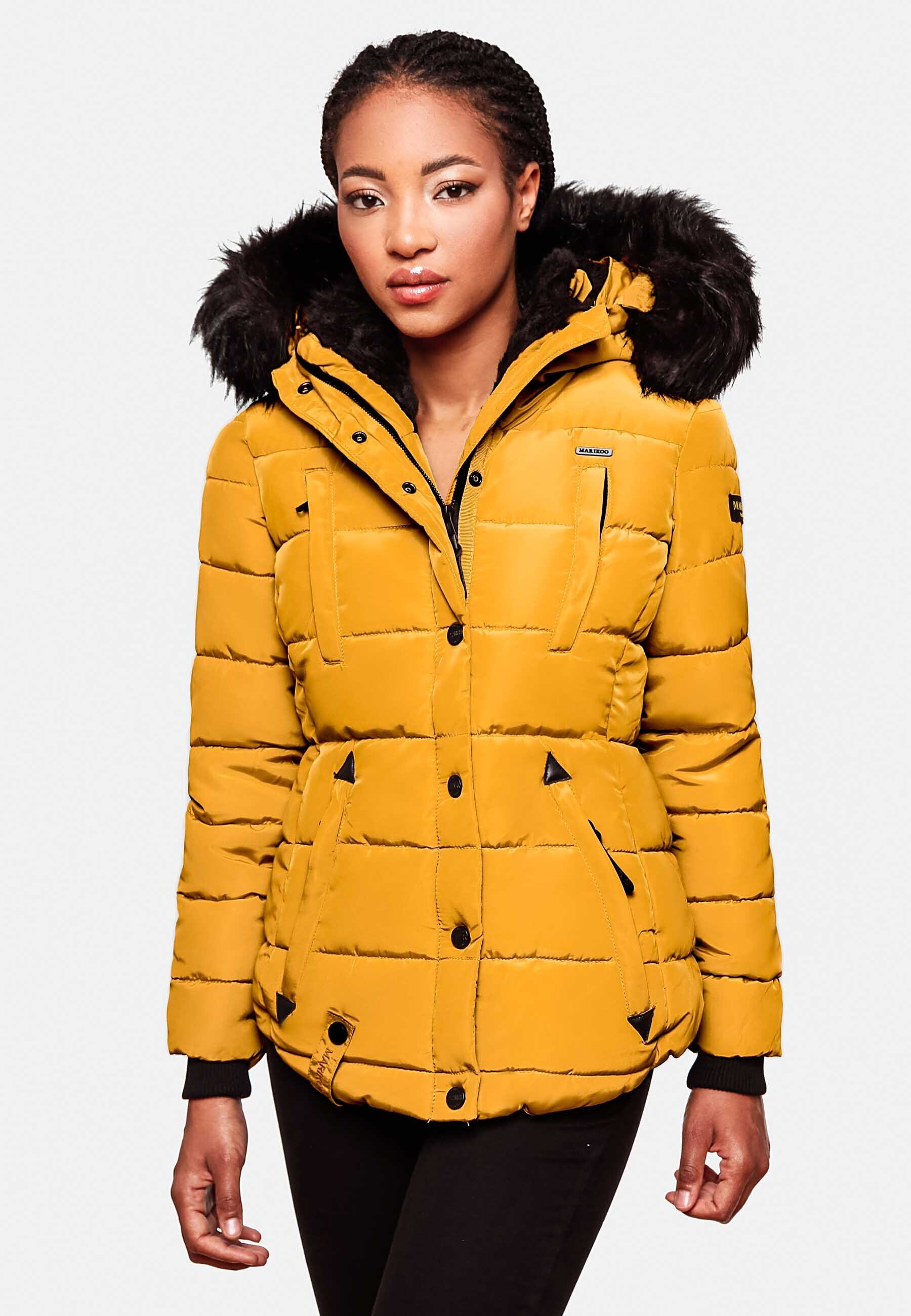 MARIKOO Damen Designer Steppjacke Winter Jacke mit edler Kunstpelz Kapuze Lotusblüte