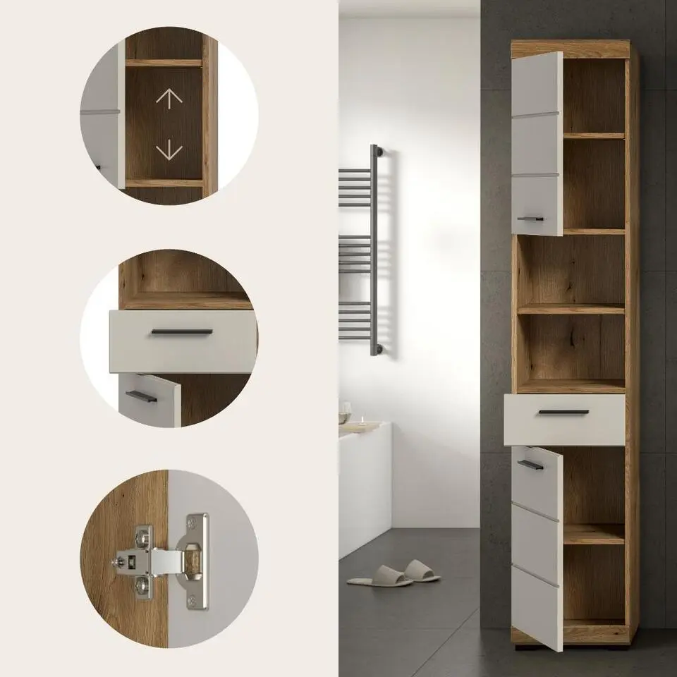 Hioshop Scout kolomkast 2 deuren- 1 lade- 2 planken kasjmier decor mat- eiken