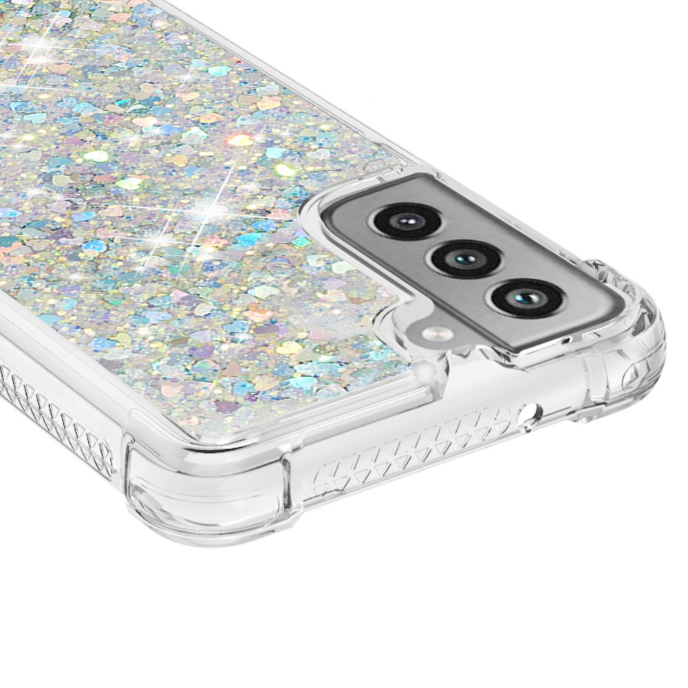 Samsung Galaxy S21 FE 5G Hardcase Hülle mit Air Cushion Fallschutz Liquid Case Glitzer Herzen - Silber / Transparent
