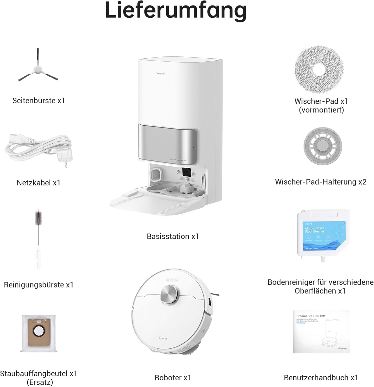 dreame L10s Ultra Saugroboter mit Wischfunktion und automatische (Staubentleerung, Wischpads Selbstreinigung) 3D-Hinderniserkennung, 5300Pa Teppiche Tierhaare, 210m Akku, WiFi/APP, Weiß