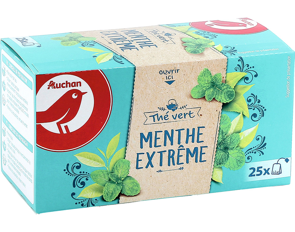 CHÁ AUCHAN VERDE AROMA FORTE HORTELÃ 25 SAQUETAS 40G