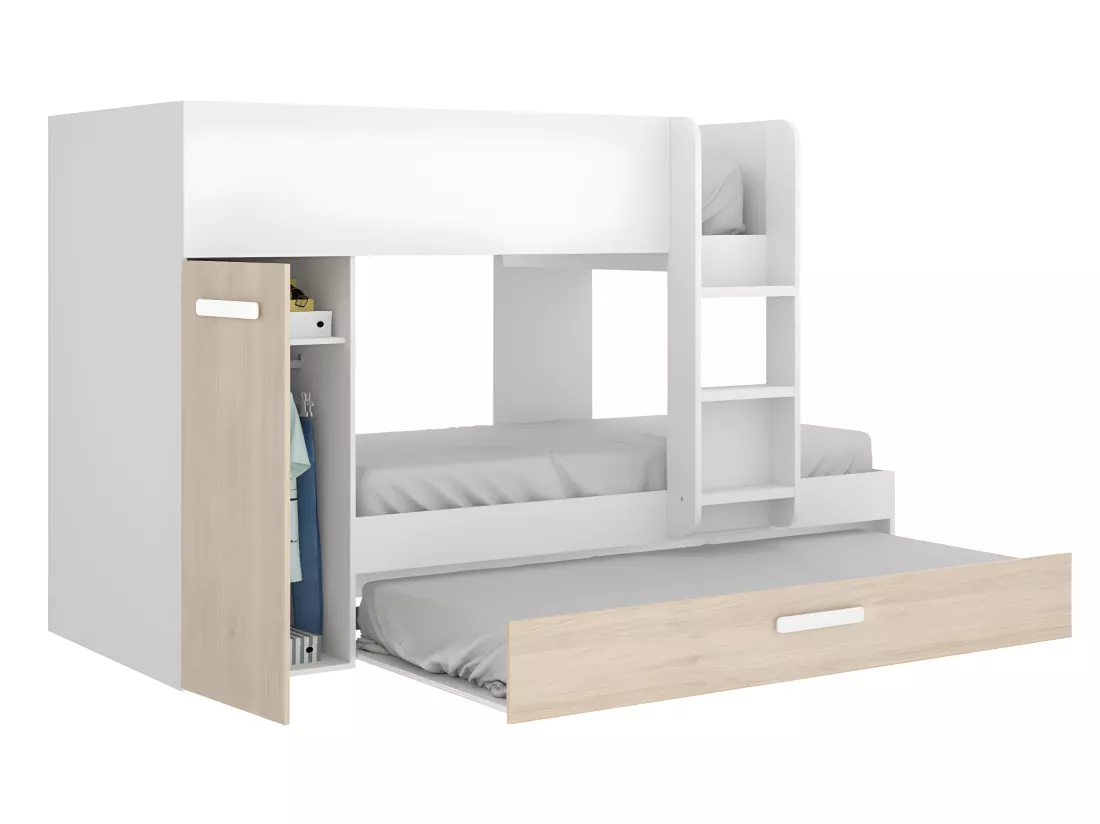 Lits superposés avec tiroir lit gigogne et rangements 3 x 90 x 190 cm - Blanc et Naturel - ANTHONY