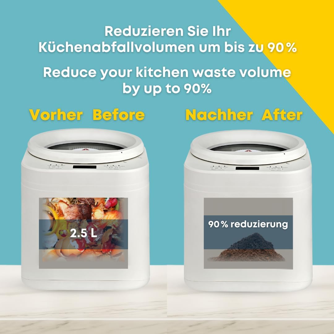 Elektrisch Komposter für Lebensmittelabfälle – Effiziente Reduzierung von Küchenabfällen mit Schnellkompost- und Gärmodus – reduziert das Abfallvolumen um 90%, geruchsfrei, kompakt und leise