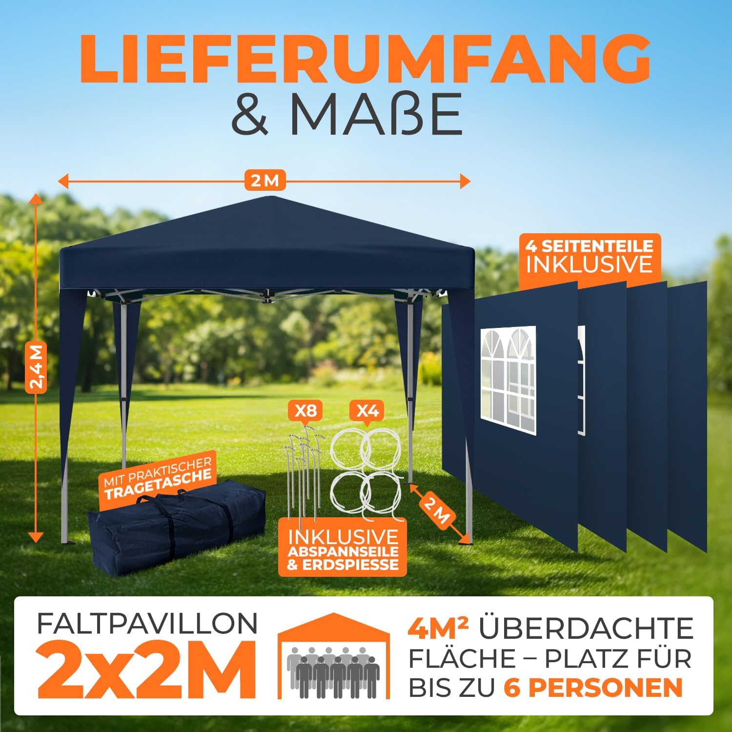 Kronenburg Faltpavillon wasserdicht Dachmaß 2 x 2 m UV Schutz 50+ Pavillon in Blau mit 4 Seitenteilen