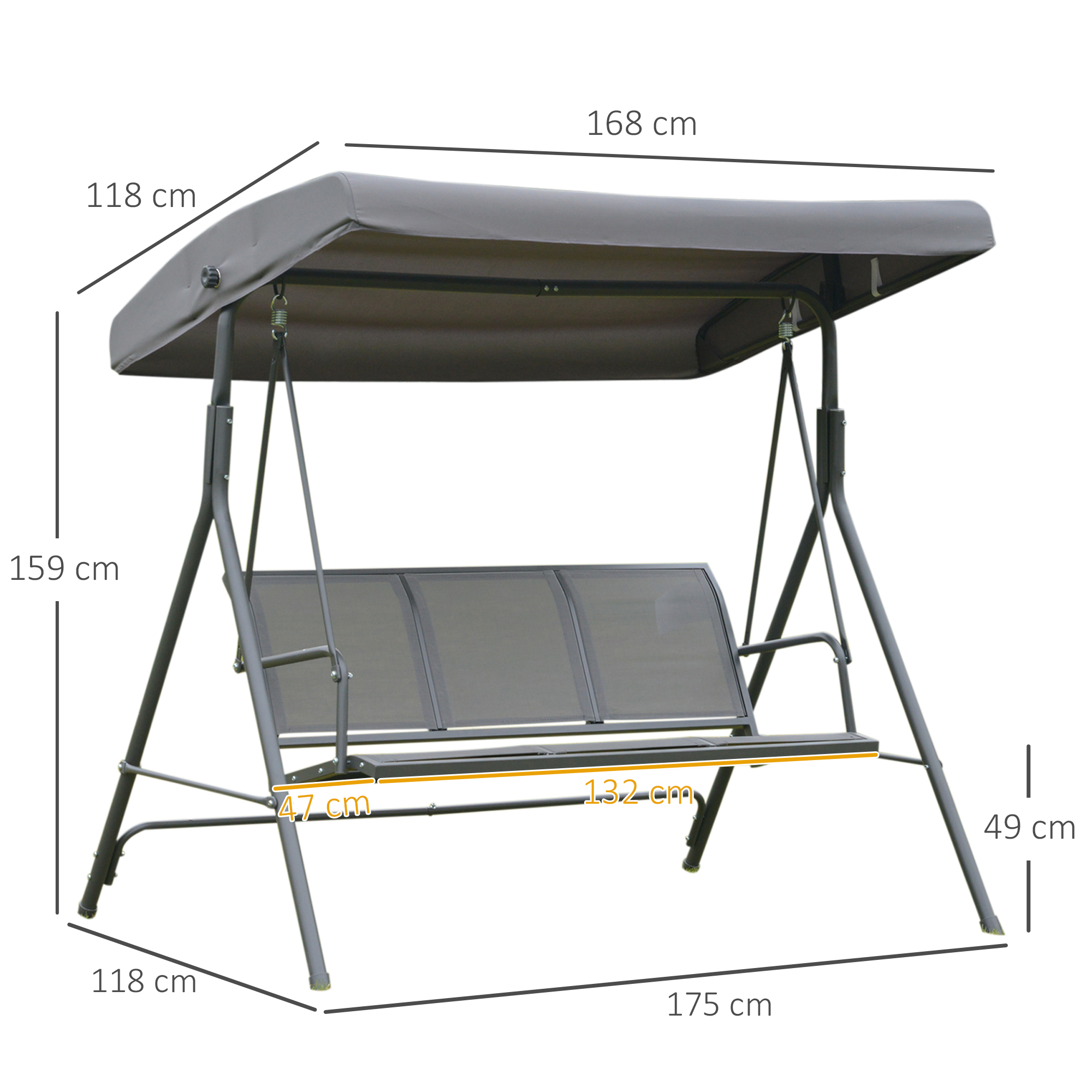 Cadeira de balanço de jardim Outsunny de 3 lugares com cobertura ajustável, encosto respirável e estrutura de aço para varanda, pátio ou terraço, 175 x 118 x 159 cm, cinza
