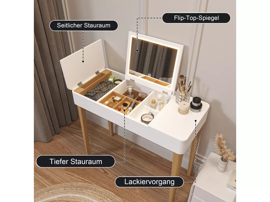 Coiffeuse, coiffeuse, coiffeuse avec miroir, coiffeuse avec lampe, coiffeuse en un, laquée, blanche