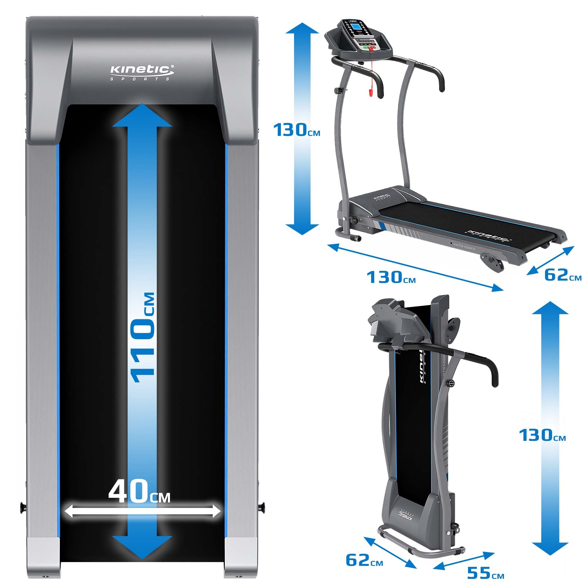 KINETIC SPORTS Laufband KST3100FX mit 1100 Watt leiser Elektromotor - Stufenlos bis 12 km/h, 12 Programme für Geh- und Lauftraining, Tablethalterung mit LCD-Display, max. Belastung 125 kg | Standard