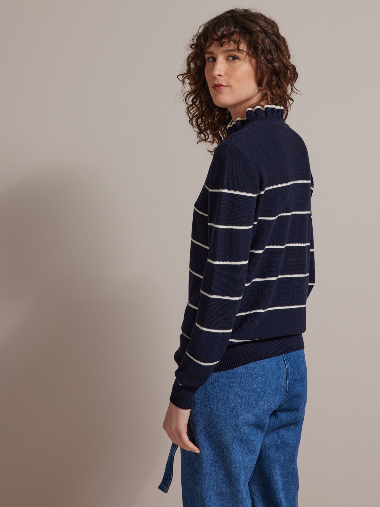 Pull marin col volanté femme coton et cachemire