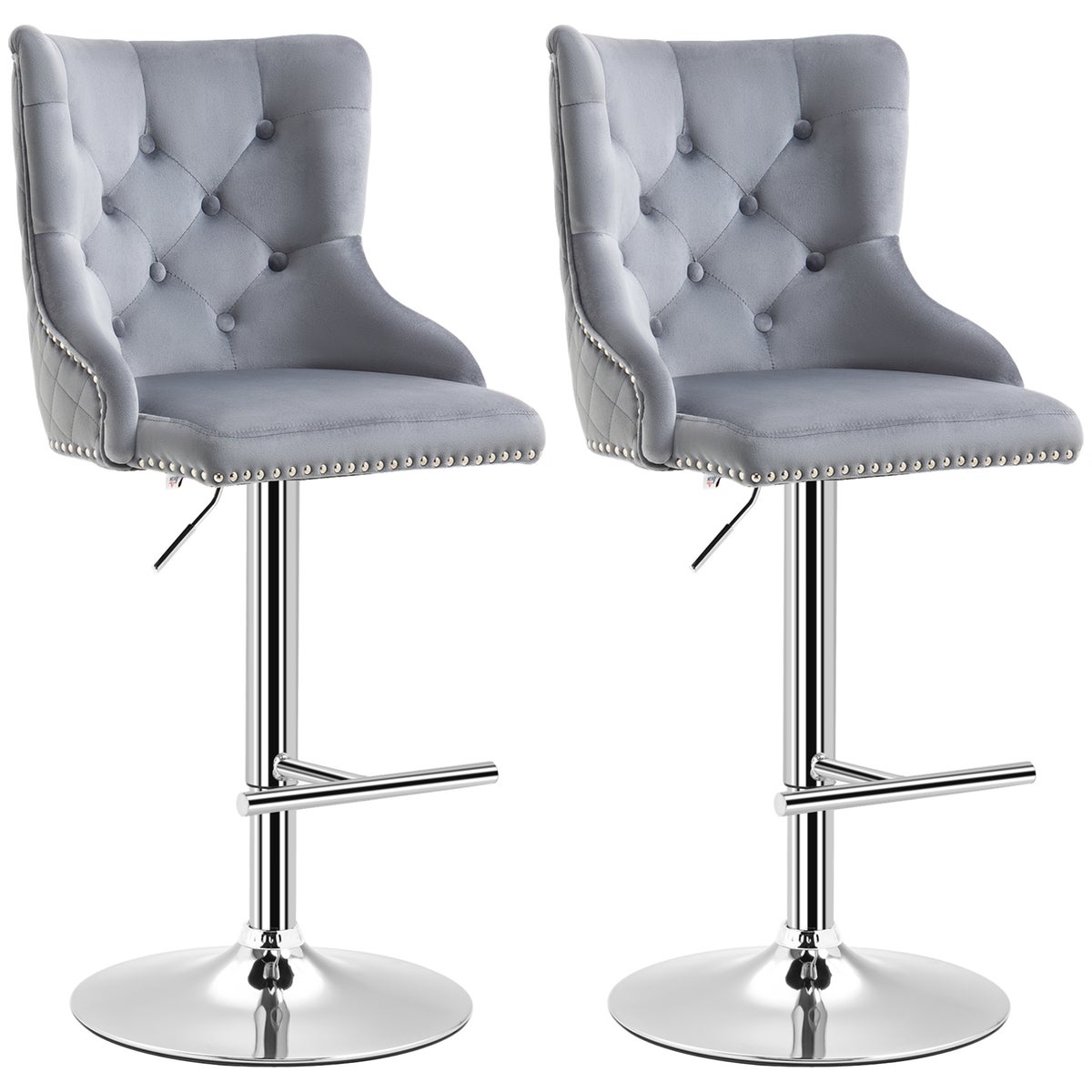 HOMCOM Set van 2 barkrukken, draaistoelen met voetenbank, in hoogte verstelbare woonkamerstoelen met fluwelen look, voor bar, keuken, lichtgrijs, 46 x 55 x 102-123 cm
