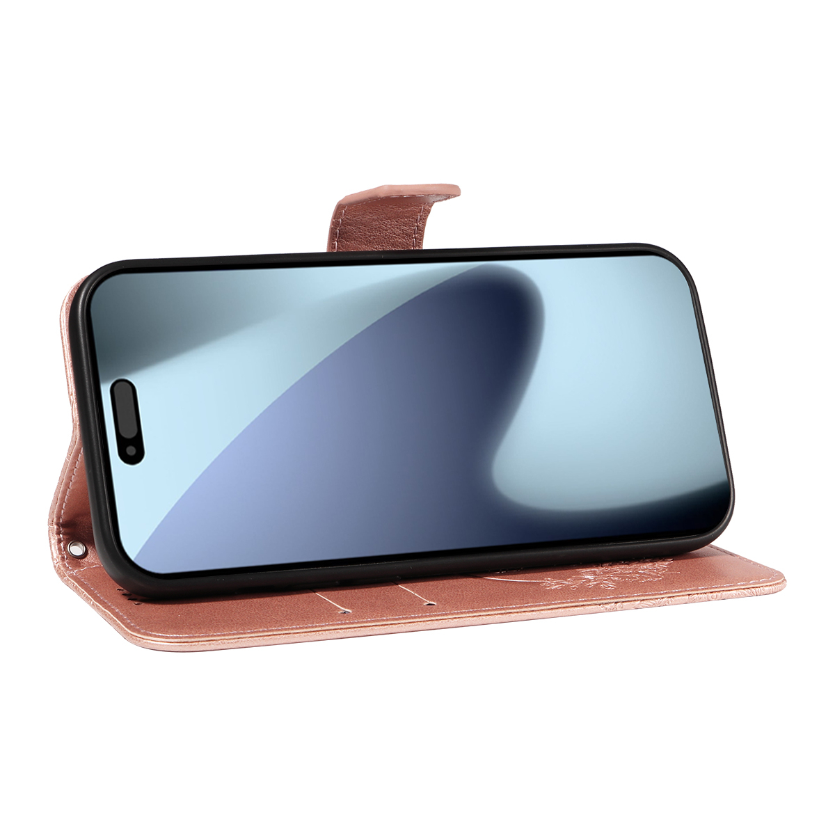 iPhone 17 Pro Leder Tasche Flip Cover Schmetterlinge Imprint - Roségold