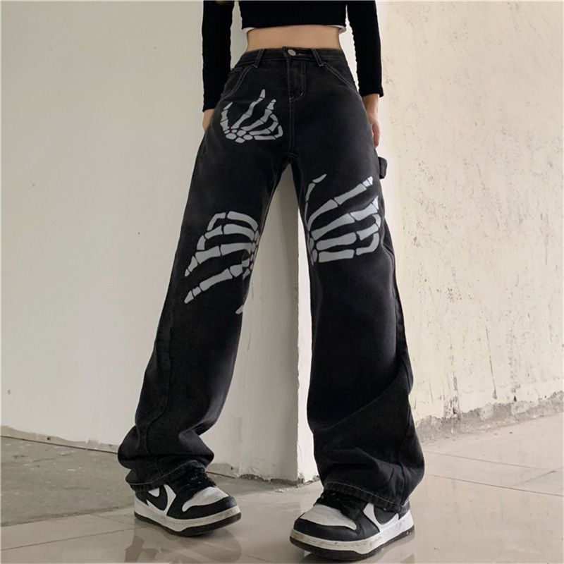 Banash - Wijde jeans met hoge taille en skeletprint