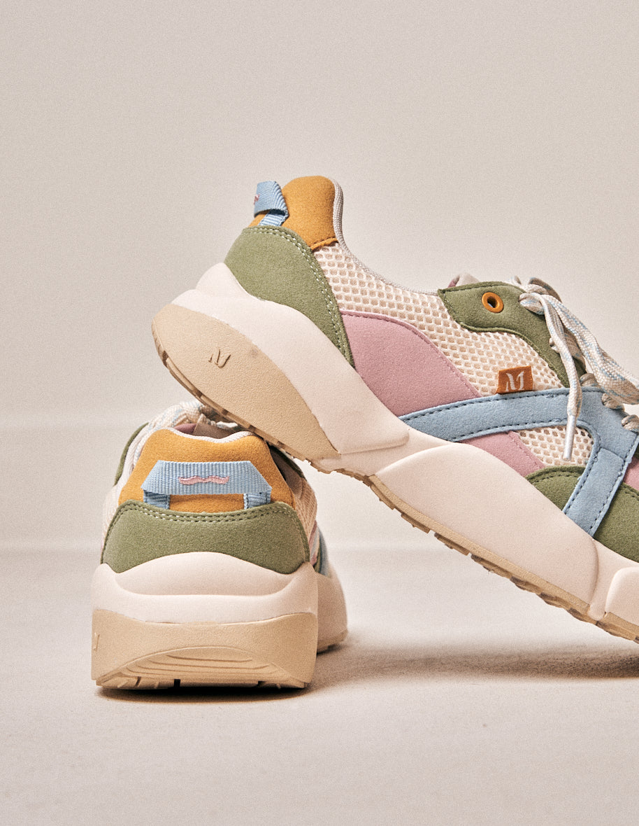 Baskets basses Lison - Suède vegan et mesh pistache, rose clair et ciel