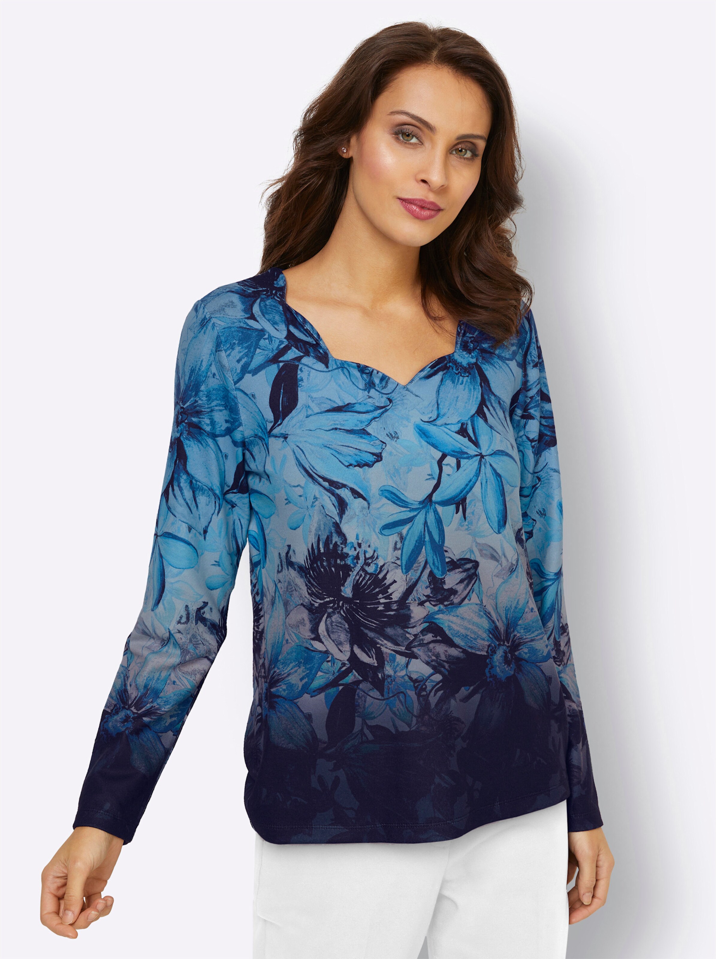 Langarmshirt in royalblau-schwarz-bedruckt