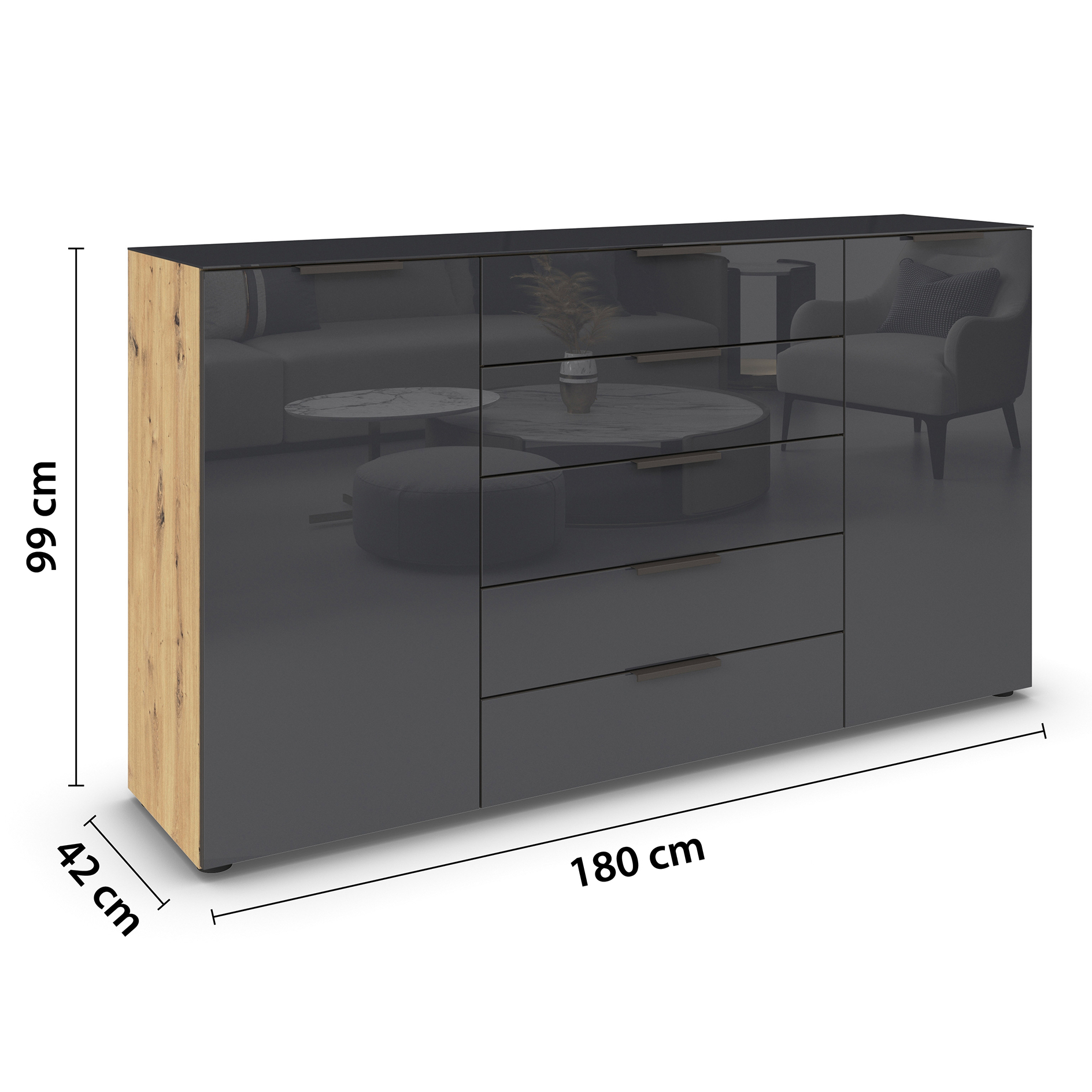 Kommode - Artisan Eiche-Basaltglas - Graphitgriffe - 180 cm