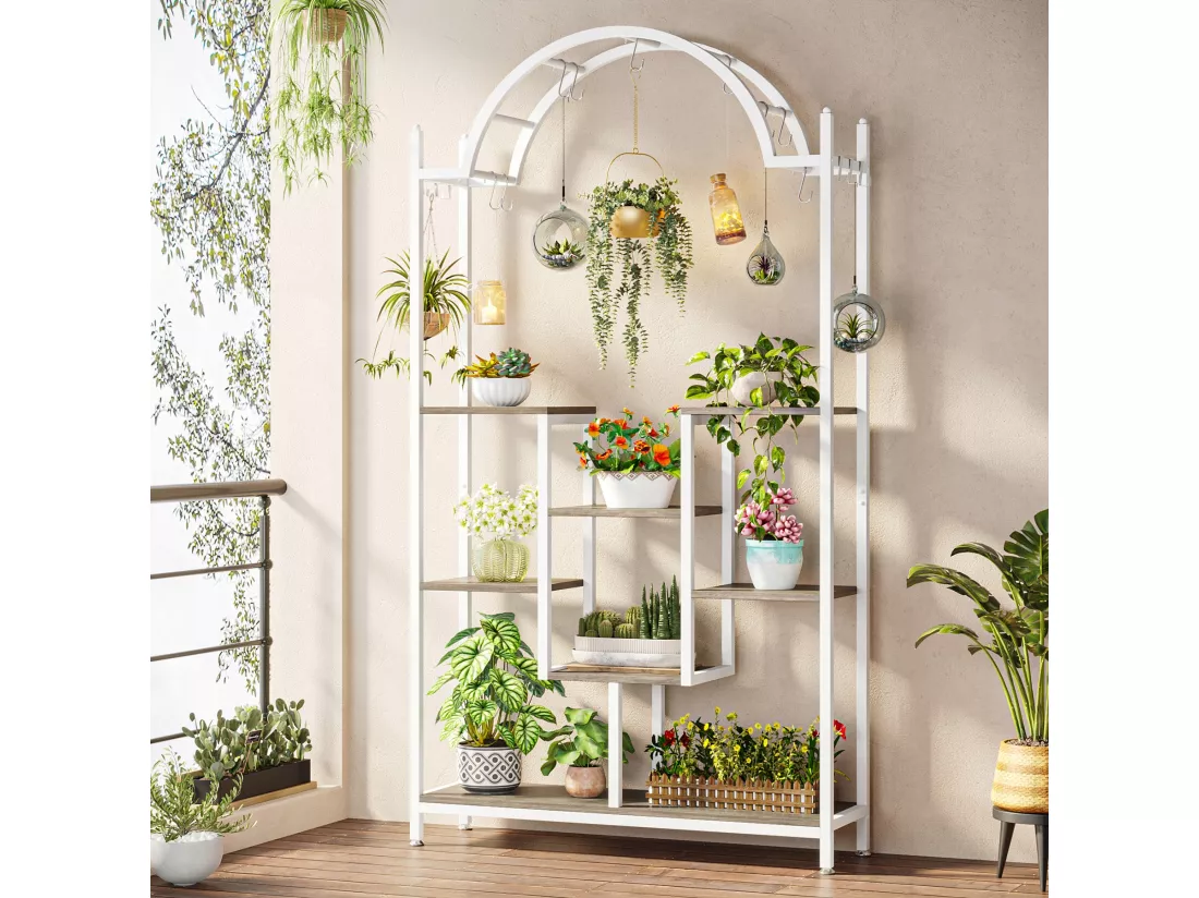 Support pour plantes d'intérieur à 5 niveaux - Étagère arquée en métal avec crochets de suspension, Blanc et gris