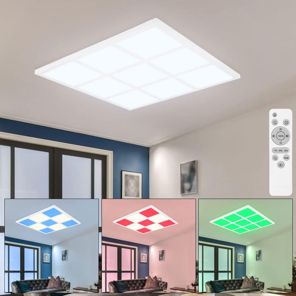 RGB LED Deckenleuchte Deckenlampe Panel Deckenpanel mit Fernbedienung dimmbar CCT, Metall Kunststoff, Nachtlicht einzelne Quadrate separat schaltbar, LxBxH 43x43x5 cm