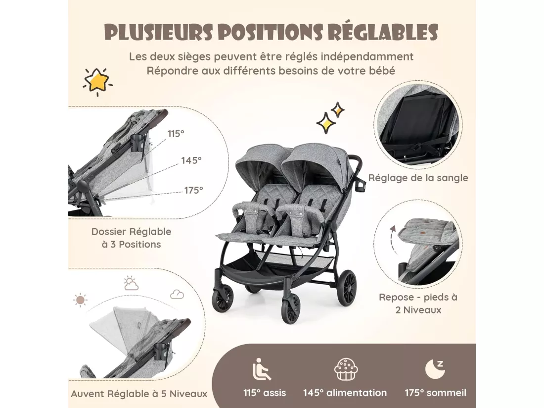 Poussette Double Pliante avec Porte-Gobelet, Poussette Côte à Côte avec Dossier Réglable, Auvent Pliable d'une Main Ceinture de Sécurité Charge 15KG pour Bébé 0 à 3 Ans(Double, Gris)