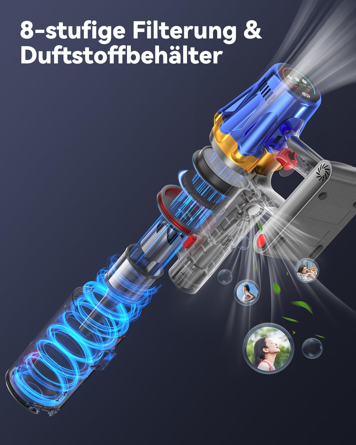 H9 Akku Staubsauger 58000Pa/650W/80Min, Staubsauger Kabellos mit LED-Touchscreen, Selbststehender Akkustaubsauger, Upgrade Anti-Tangle Bodenbürste für Tierhaare/Teppiche/Hartböden, Blau