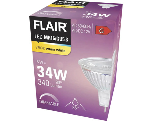 FLAIR LED reflectorlamp dimbaar MR16 GU5.3/5W (34W) 340 lm 2700 K warm wit helder 36° 12V