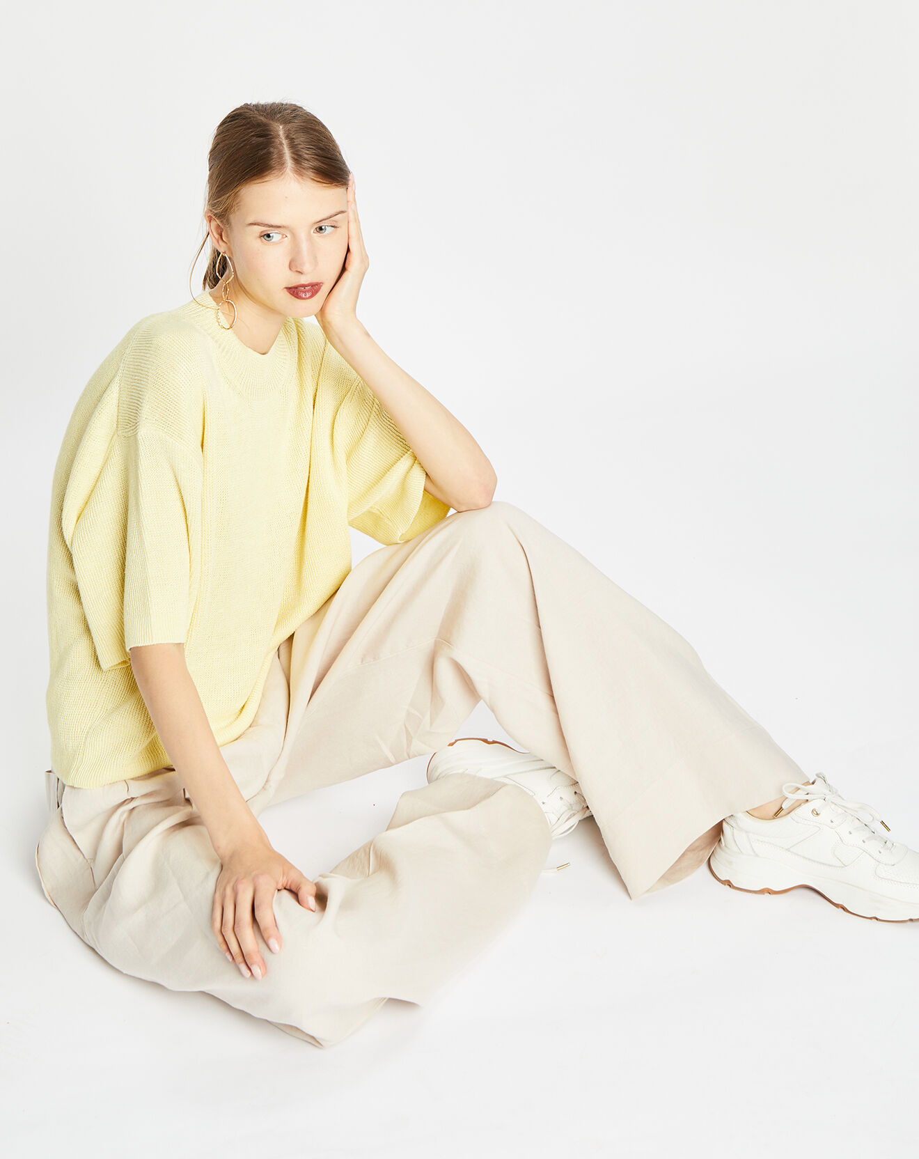 Marc O'Polo Pull 100% Lin manches courtes Col R jaune clair