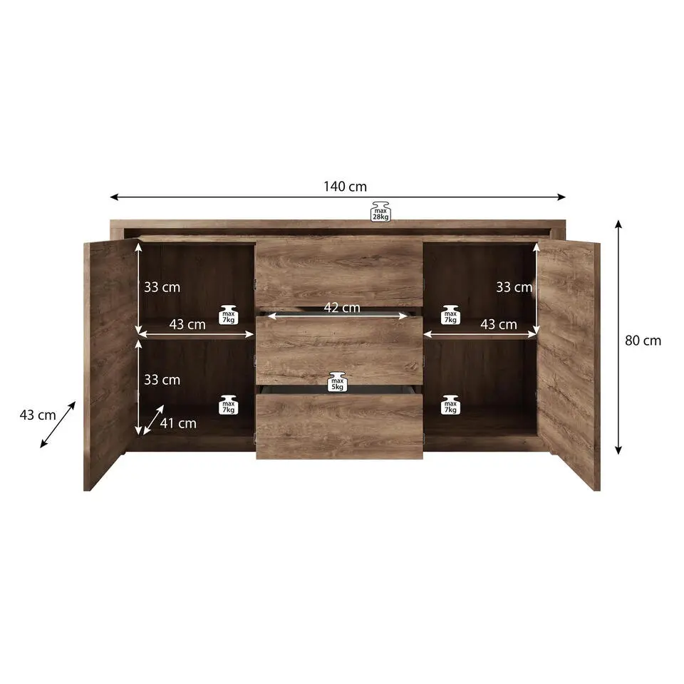 Meubella - Dressoir Monaco - Eiken - 140 cm