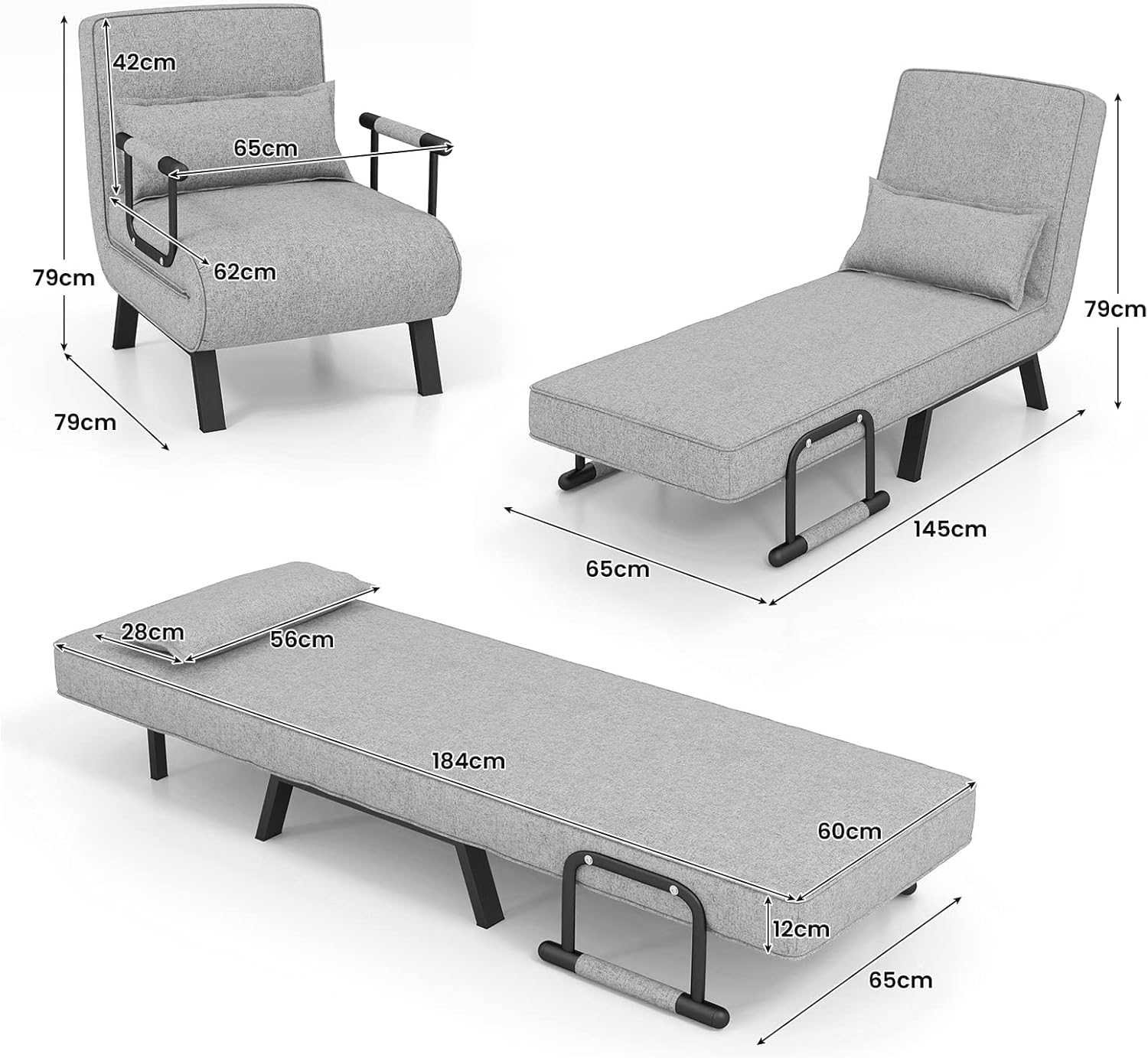 COSTWAY 4 in 1 Schlafsessel mit Bettfunktion, klappbares Schlafsofa mit verstellbarer Rückenlehne & abnehmbarem Kissen, Klappsessel, Klappbett, Sofabett mit Metallrahmen bis 150 kg belastbar, Hellgrau