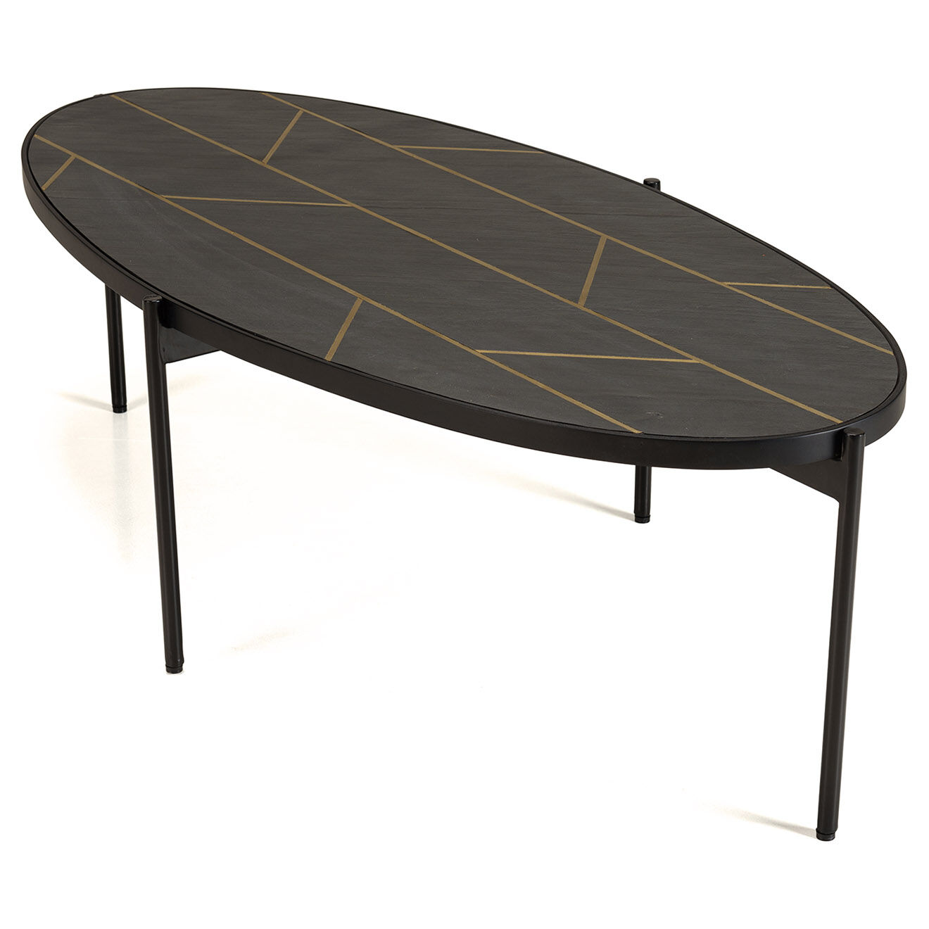 Macabane Table basse ovale effet pierre motifs Basile noir/doré - 131x65x40 cm