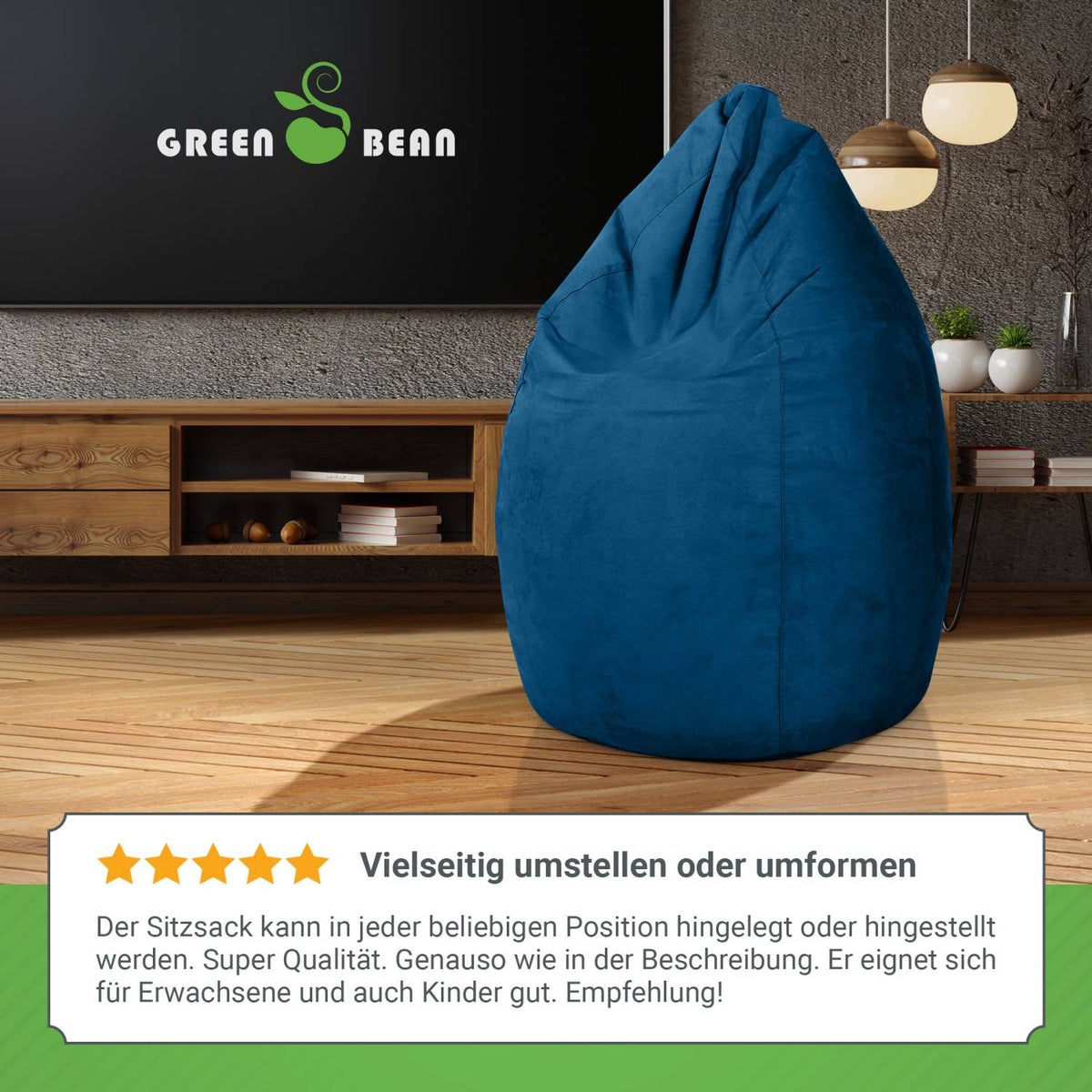 Green Bean Zitzak met rugleuning 60x60x90cm - Binnenzitkussen 220L vulling, comfortabel, wasbaar - Zitzak vloerkussen, loungestoel, voetenbank - blauw