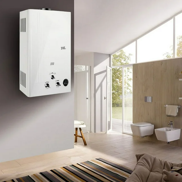 Aquecedor de água instantâneo a gás propano líquido TCMT de 18 litros, com vazão de 4,8 GPM e visor digital.