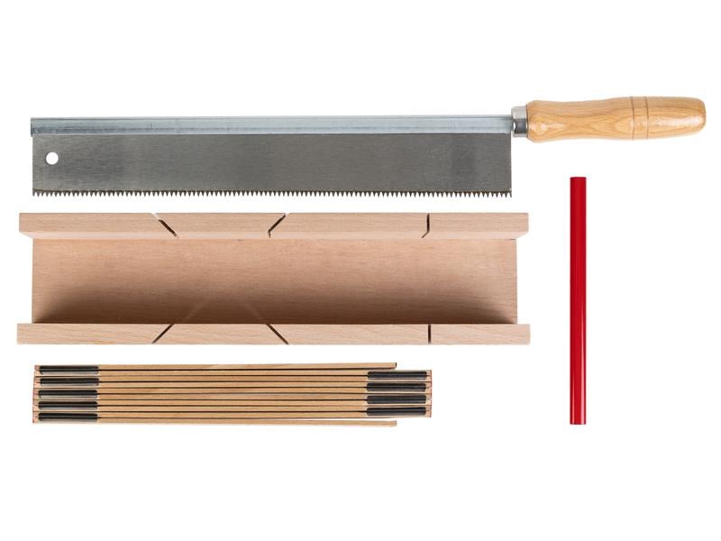STRUCT Gehrungslade mit Handsäge, Set 4-teilig Schneidelade, Holzsäge, Klappmeter und Zimmermannsbleistift