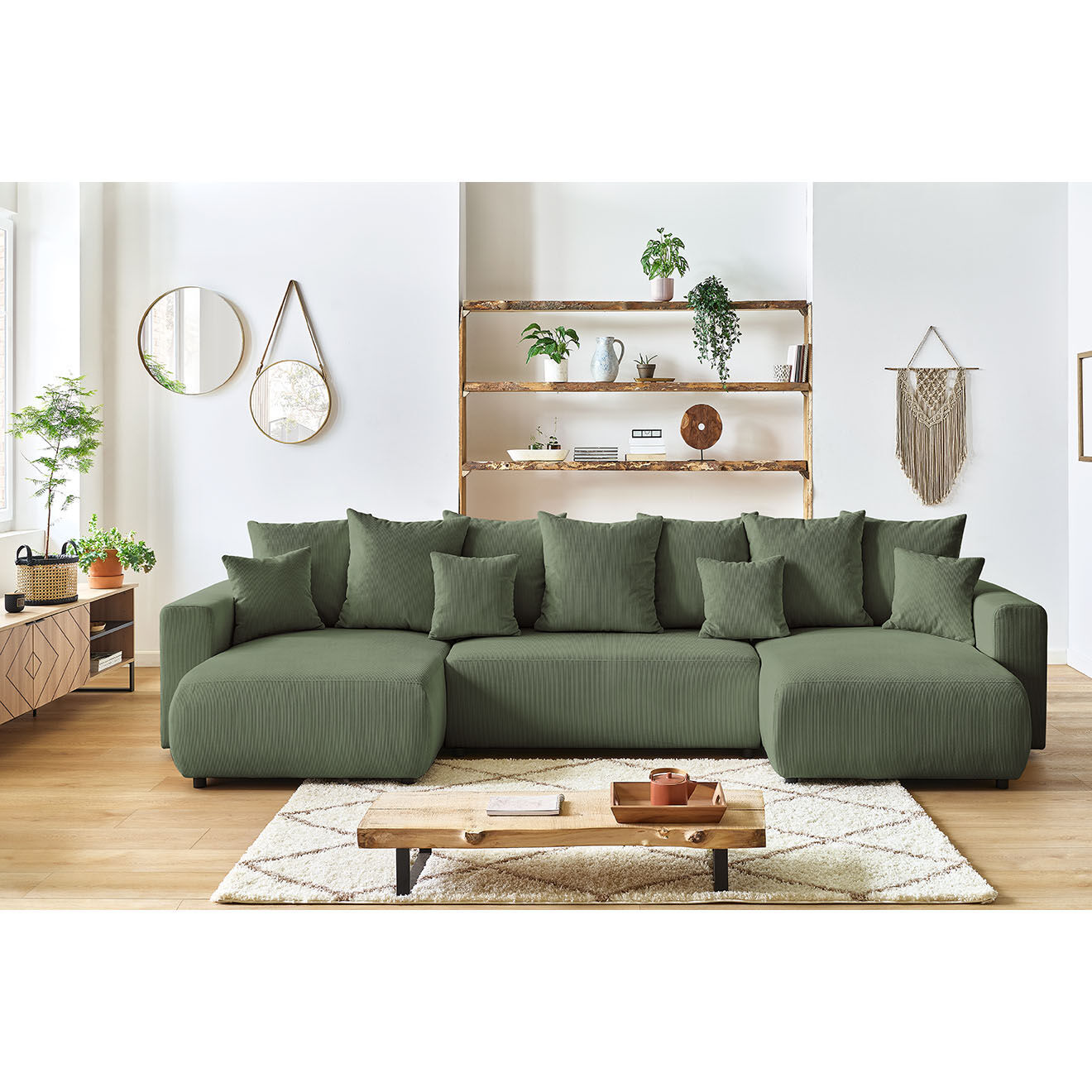 Bobochic Canapé d'angle panoramique convertible coffre Envy vert - 153/97/153x386x95 cm