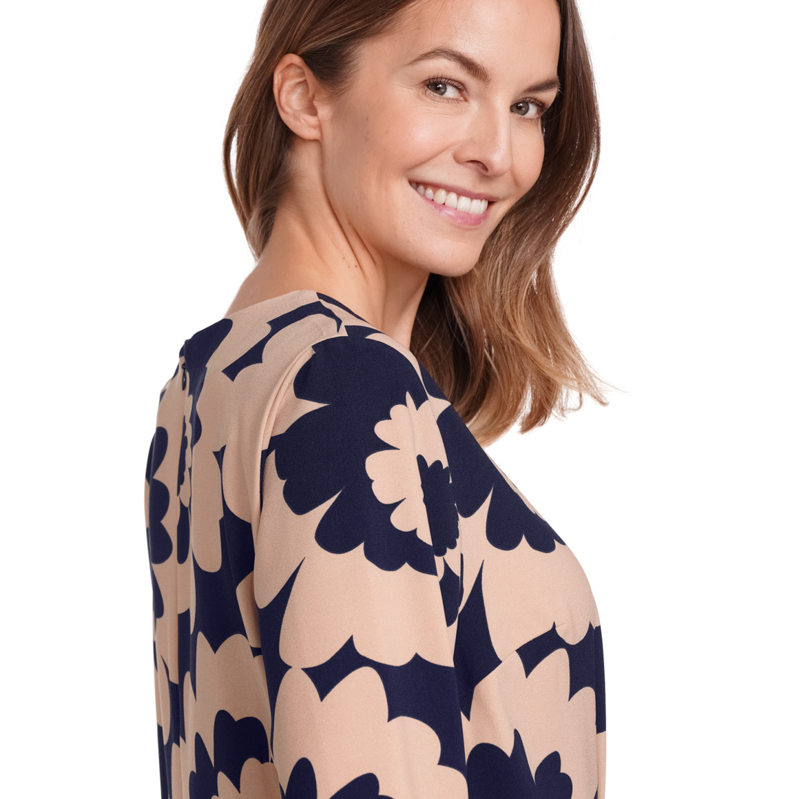Gina Benott Damen Kleid mit Blumen-Allover beige / dunkelblau