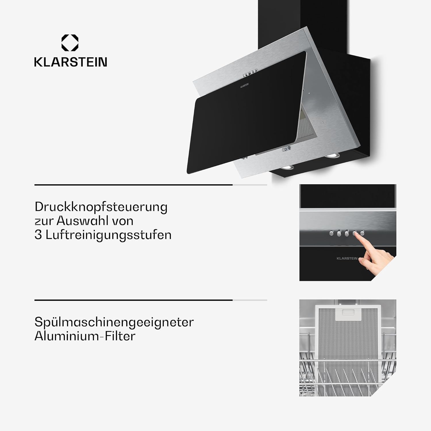 Klarstein Alessia Kopffreihaube - 60cm Abzugshaube, Edelstahl & Schwarzglas, 404 m³/h, A+++ Energieeffizienz, LED-Beleuchtung, 3+Boost Stufen, Umluft & Abluft, Dunstabzugshaube Küche