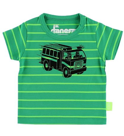 Danefæ T-Shirt - Grün Gestreift m. Feuerwehrauto
