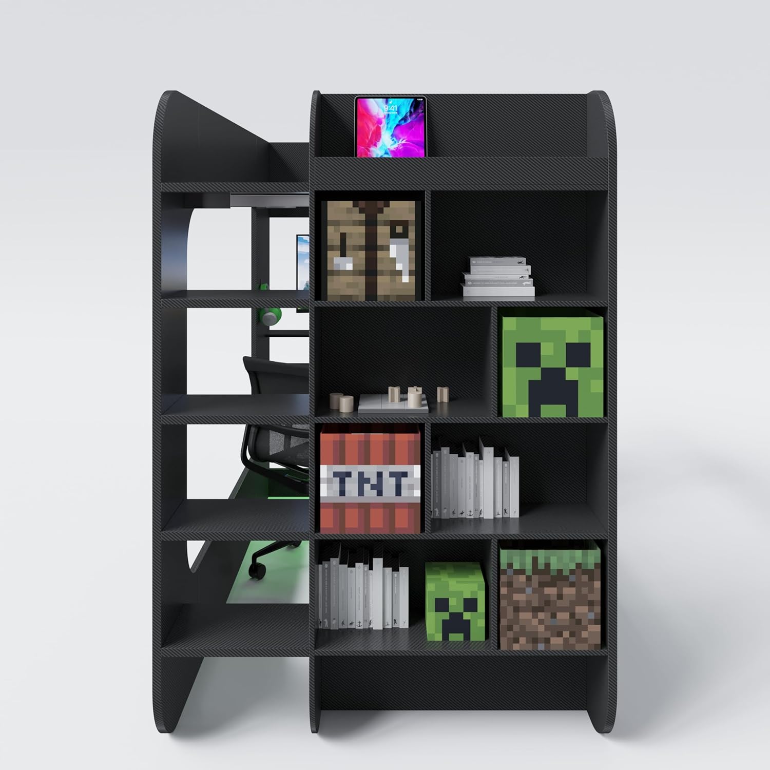 Minecraft - Kojenbett, Hochbett, Gamingbett 120x90cm, mit Leiter, Schreibtisch und Stauraum, Schwarz Carbon Optik