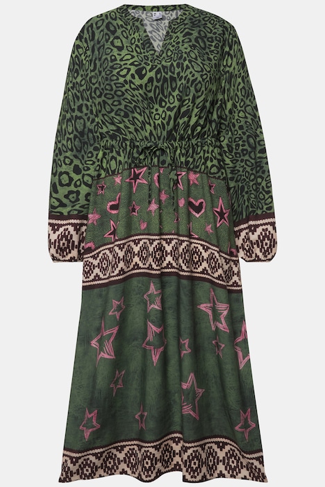 Midikleid, Mustermix, V-Ausschnitt, Langarm