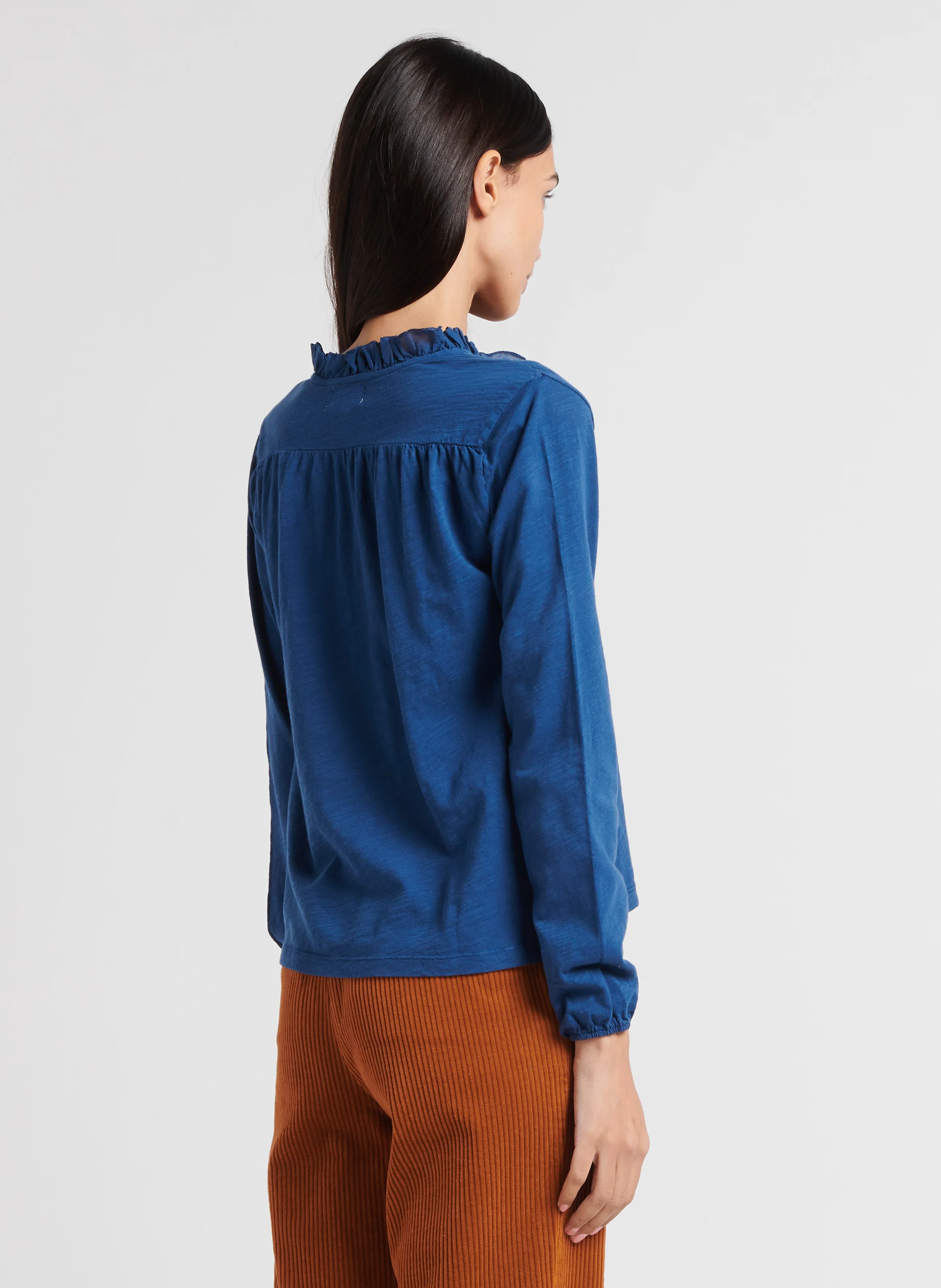 Top col v en coton biologique | Bleu