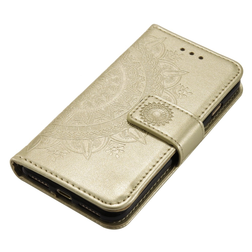 iPhone SE (2022/2020) / 8 / 7 / 6S Leder Tasche Wallet - Mandala Flowers Imprint - Gold