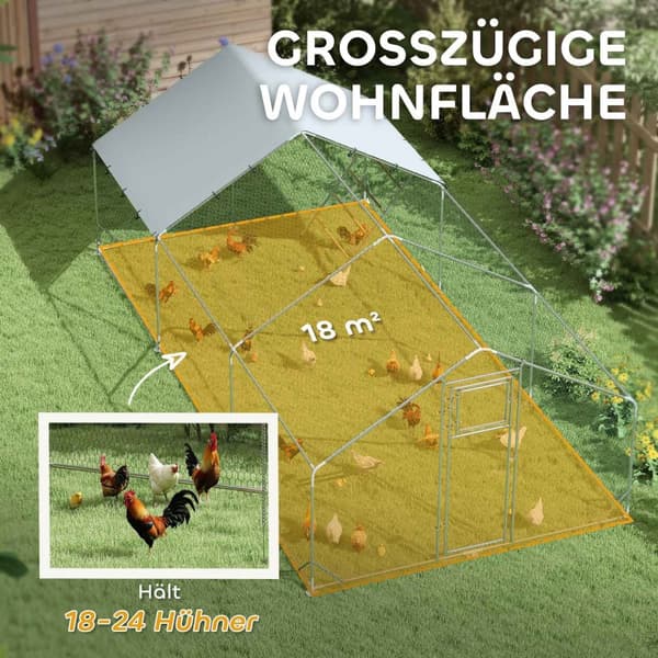 Hønsehus frittgående innhegning av stål, 300 x 600 x 195 cm kyllingbur med UV-bestandig deksel, fôringsdør, hengende fôring, abbor, hønseinnhegning fo