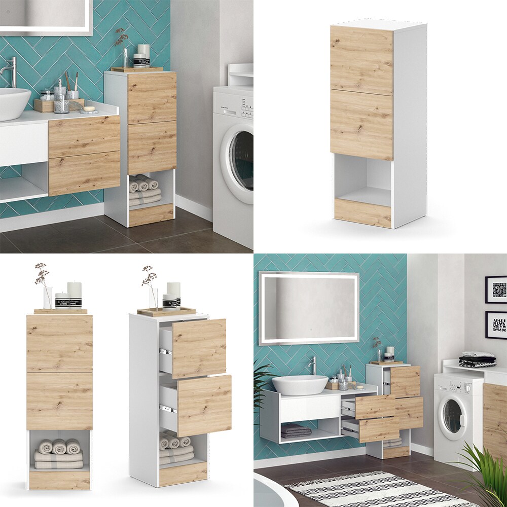 Vicco Midischrank Alf 35 x 92 cm, Weiß Artisan Eiche, Badezimmer, 2 Schubladen