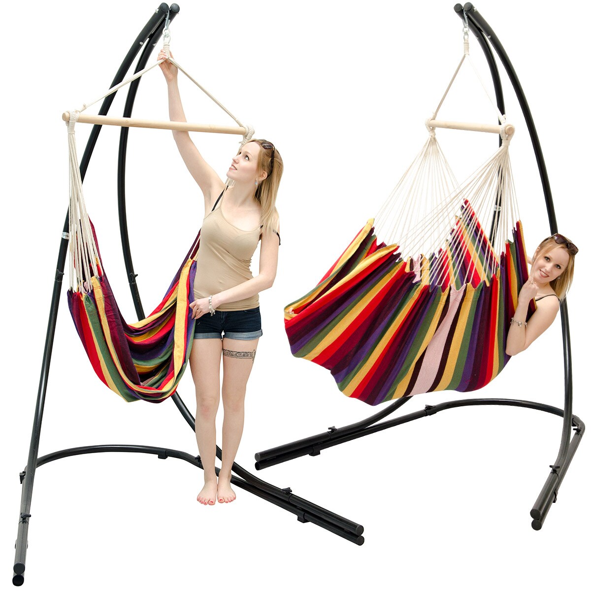Freistehendes Stahl-Hängestuhlgestell 210cm inkl. XXL Hängesessel aus Baumwolle mit Swivel 185x130cm