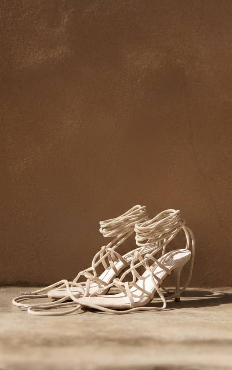 Crème Sandales À Talons En Faux Lin À Lacets
