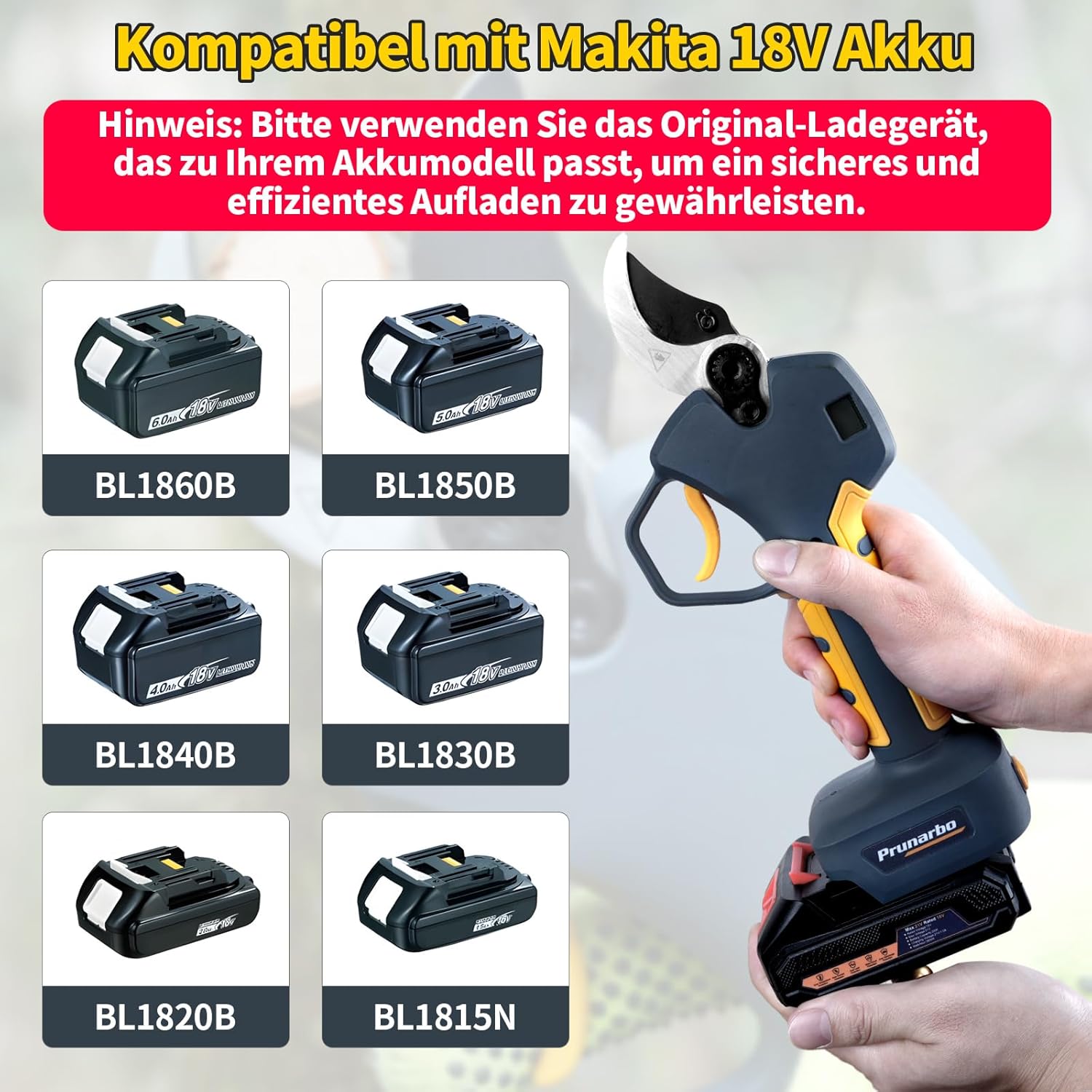 40mm Akku Astschere Elektrische Gartenschere Kompatibel mit Makita 18V Akku (ohne Akku und Ladegerät) Schere Bürstenloser Motor für Garten, Äste und Obstbäume (PR-E40-Body)
