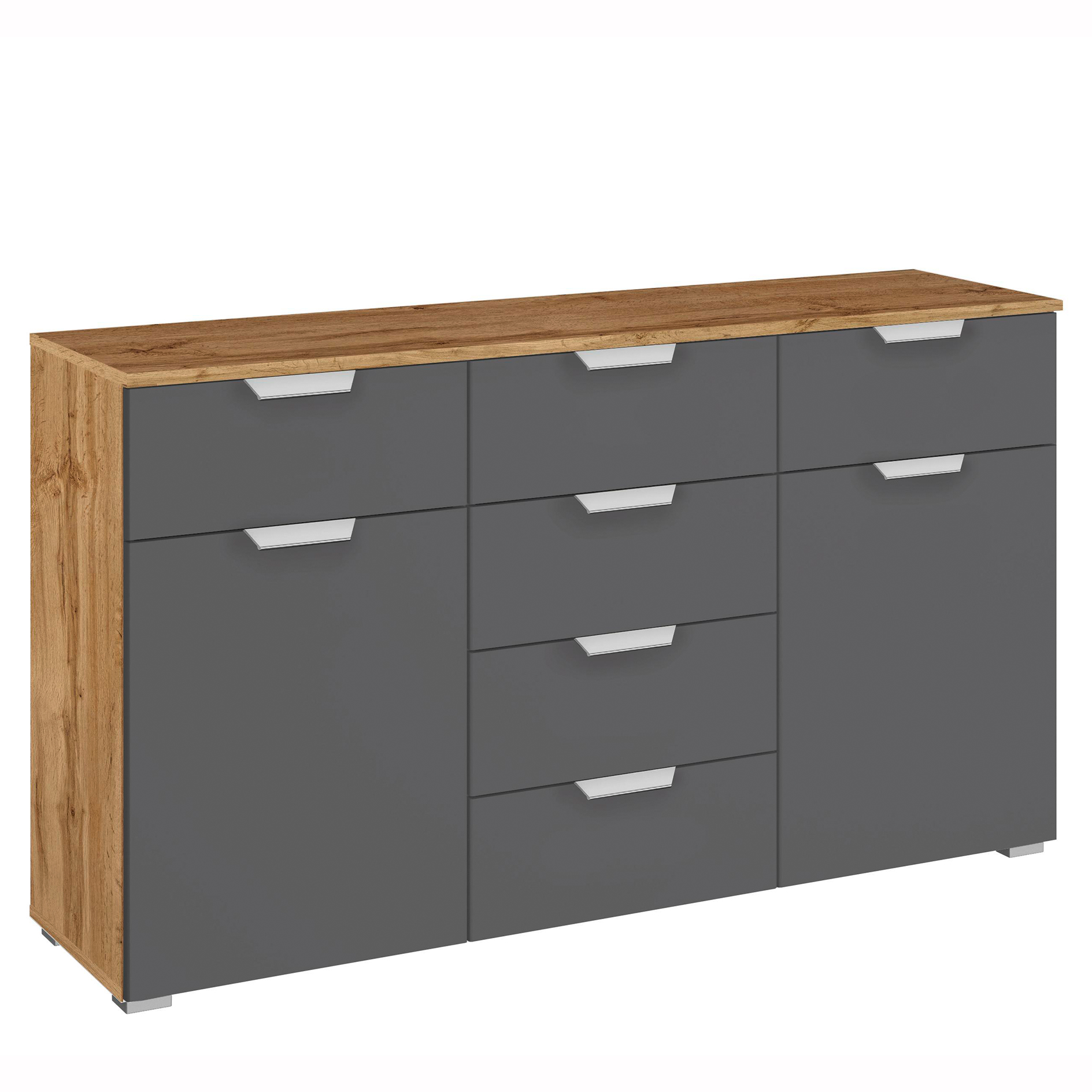 Sideboard - grau metallic-Wotan Eiche - 6 Schubkästen - 140 cm