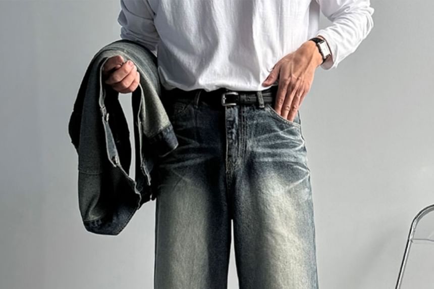 SeoulPop - Mid Waist Washed Straight Leg Jeans