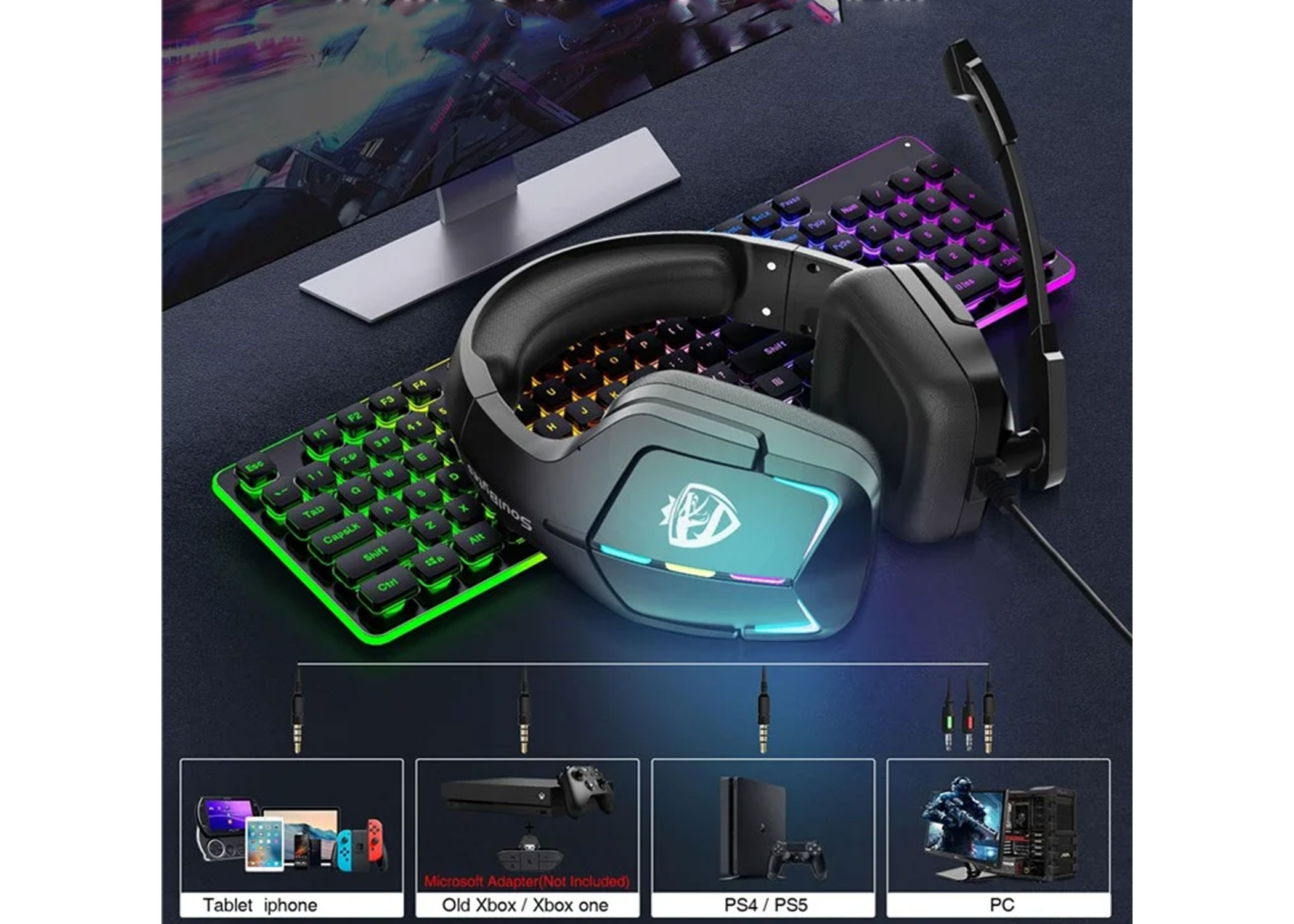 Gaming Kopfhörer Over-Ear LED Stereo Headset für PC / PS4 / PS5 kabelgebunden mit Mikrofon   3.5mm Klinke - Schwarz