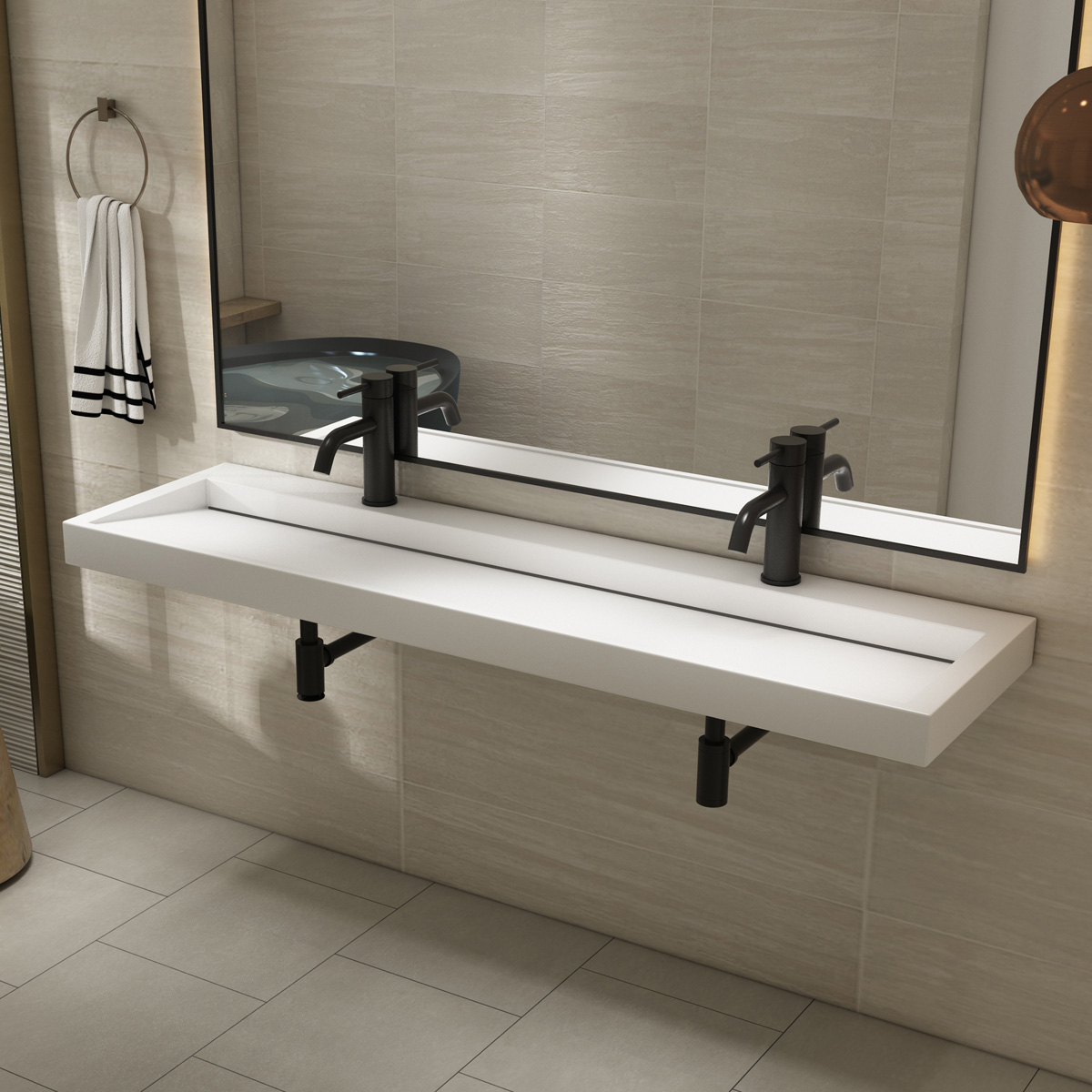 Saniclear Hoya solid surface wastafel 160x45,5cm met 2 kraangaten mat wit