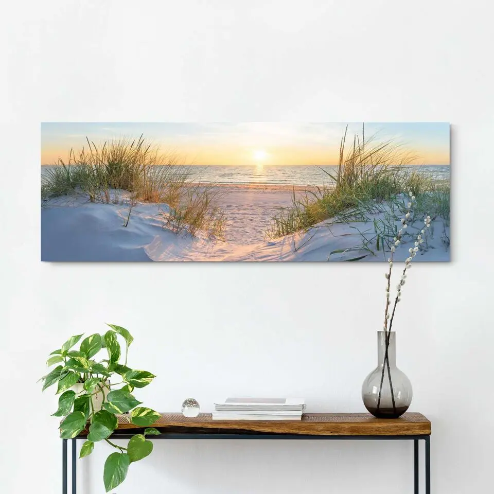 Schilderij Zonsondergang in de duinen - 40x118cm - Beige