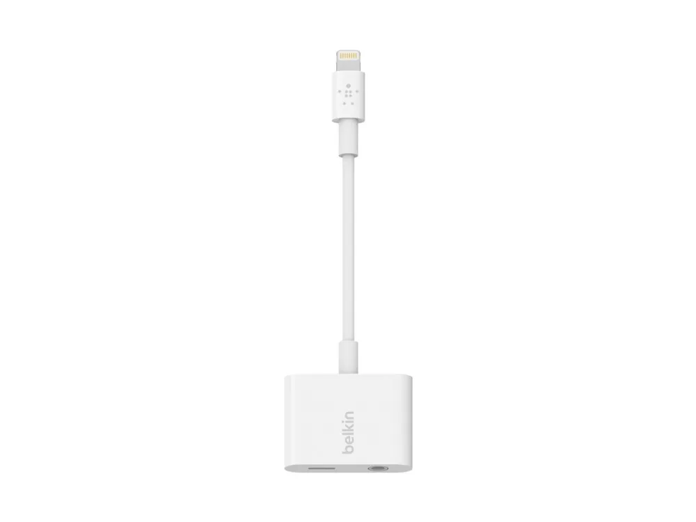 Belkin 3.5 mm Audio   Charge RockStar - Lightning til hovedtelefon-jackstik/opladningsadapter - Lightning (han) til 4-pæl ministik, Lightning (hun) - hvid - for Apple iPad/iPhone (Lightning)